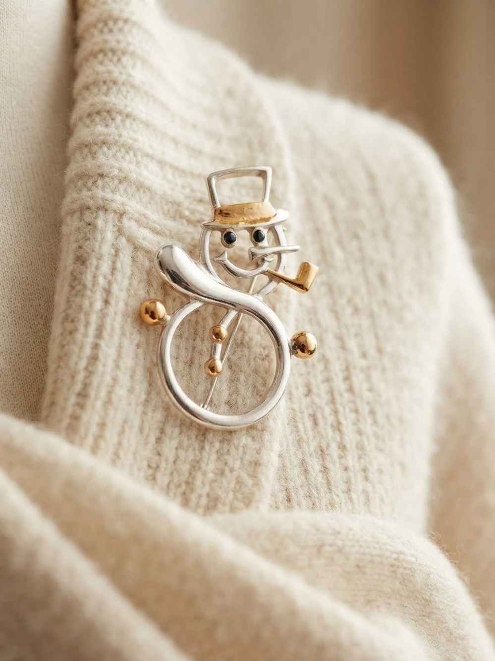 Vintage Two Tone Snowman Brooch Top Hat and Pipe Holiday Pin